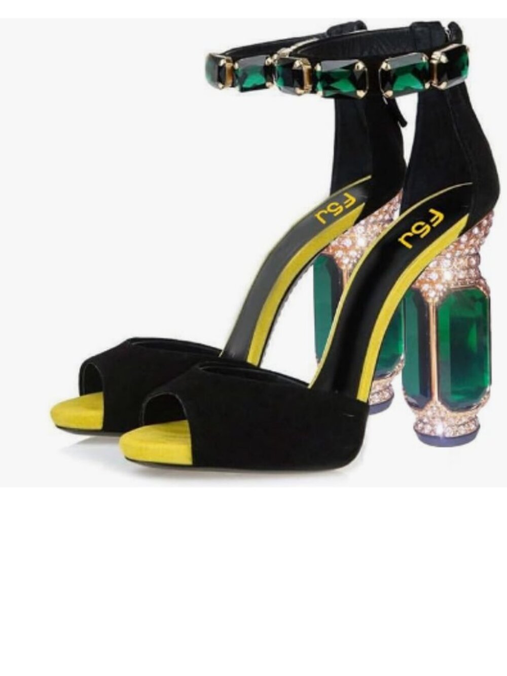 FSJ Black Yellow Open Toe Stylish Sandals Ankle Strap Block High Thick Heel Shoe